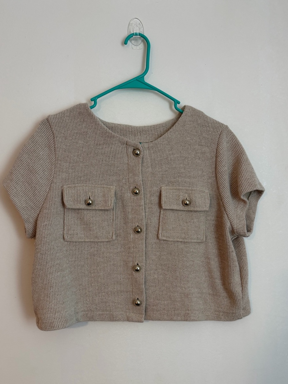 H&M Beige Short-Sleeve Knit Cardigan with Pocket Flaps